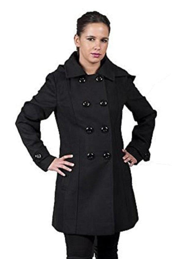 Woman wearing a black coat on a white background