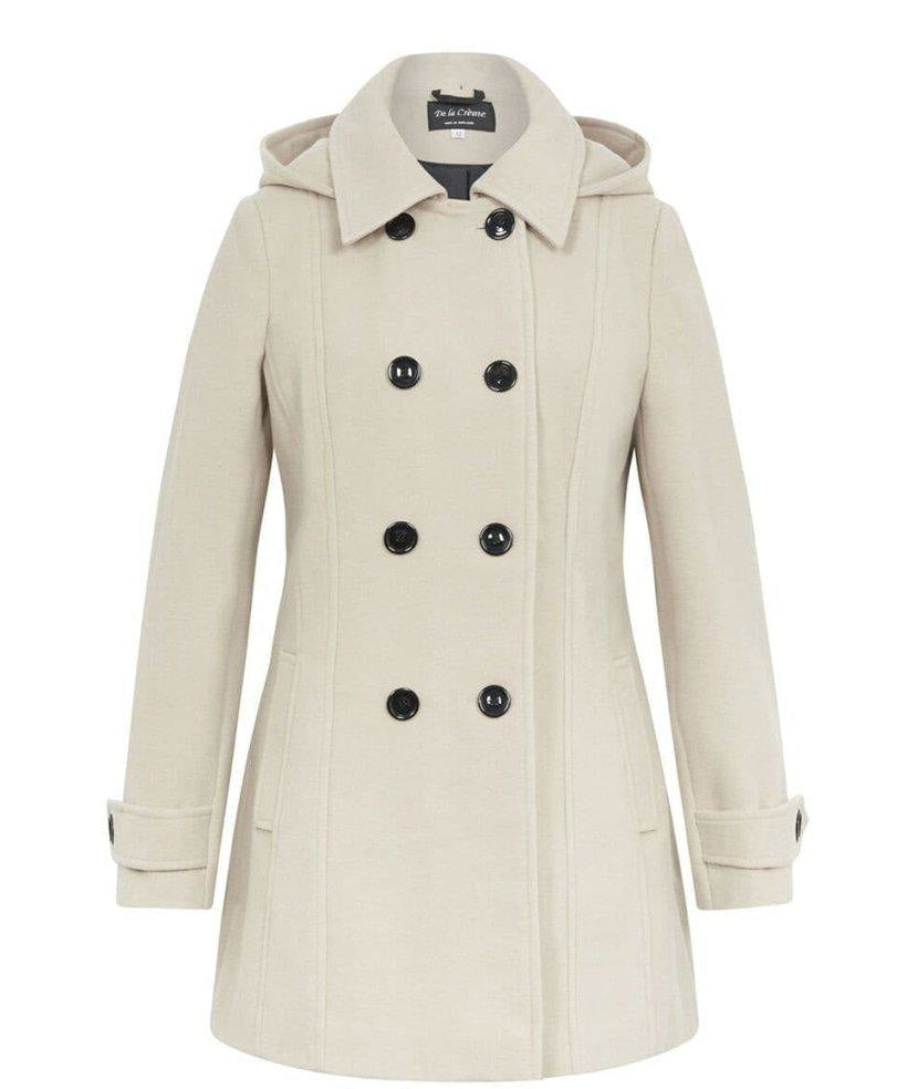 Beige coat with black buttons on a white background
