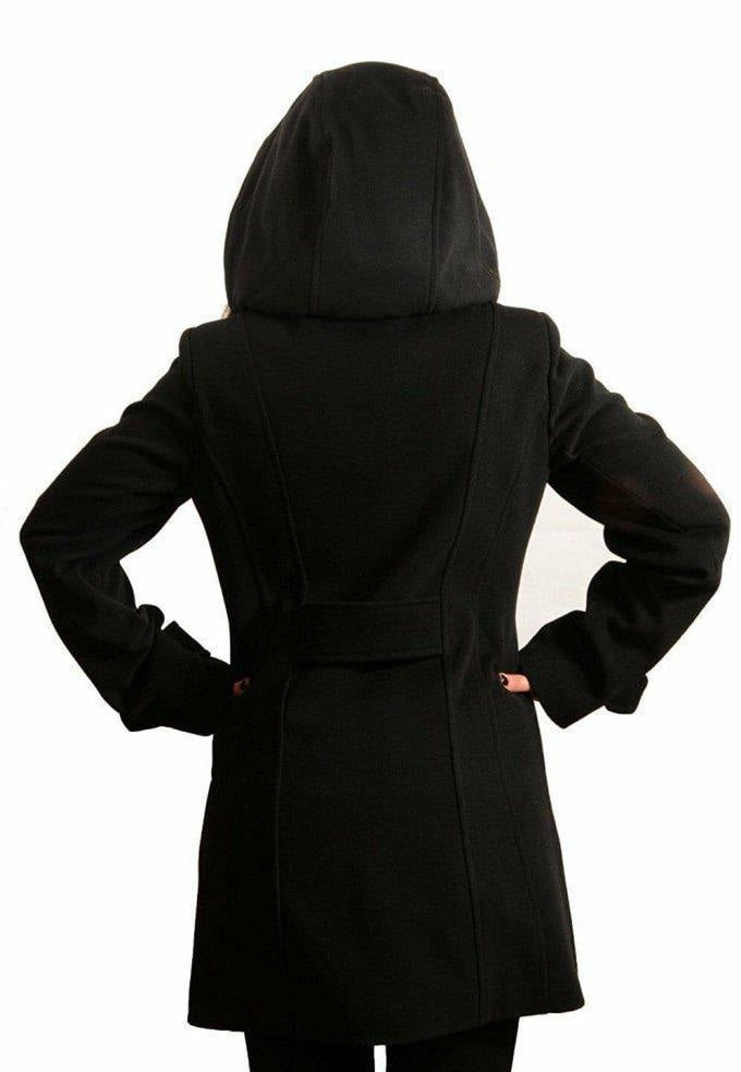 Black hooded coat worn by a person on a white background