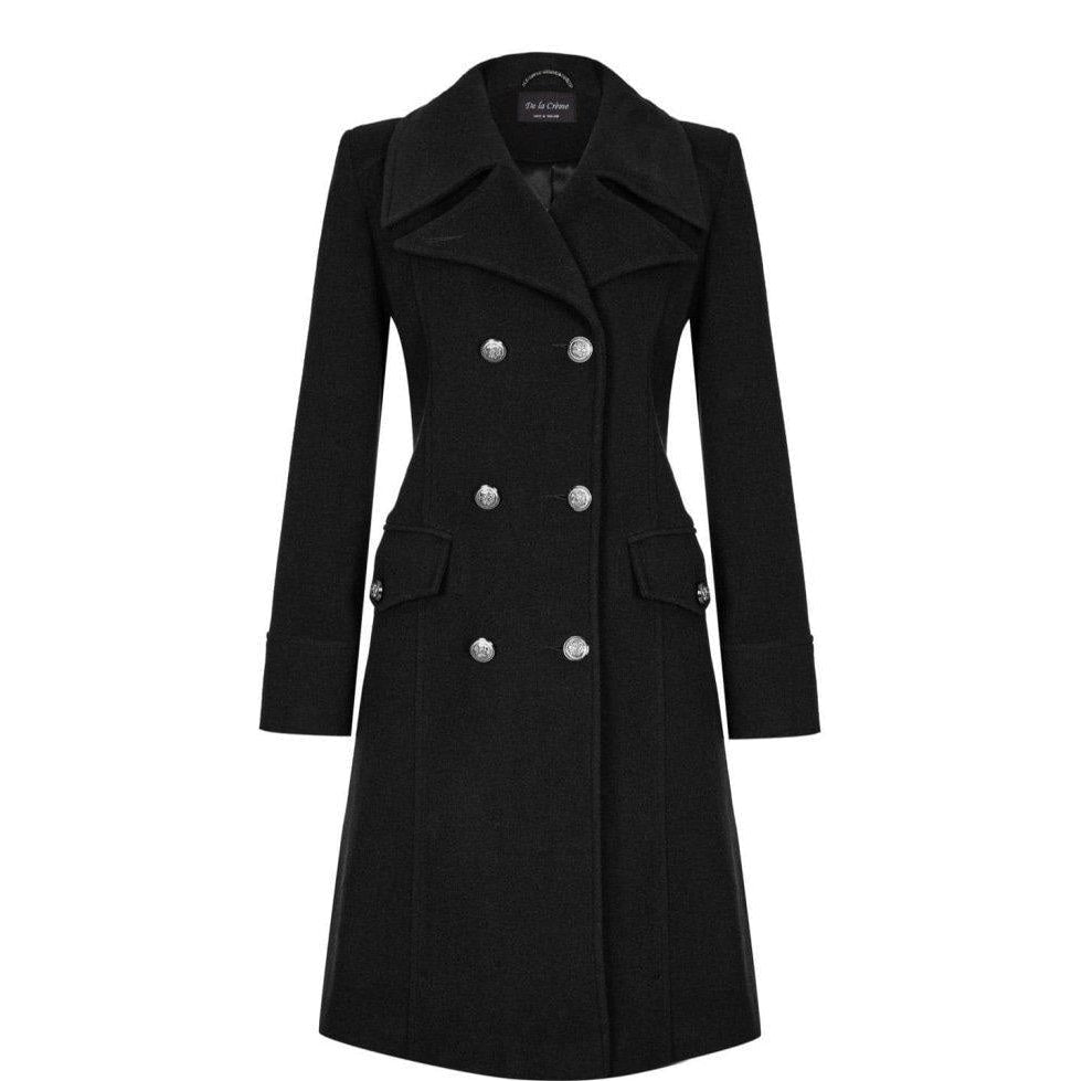 Black coat with silver buttons on a white background