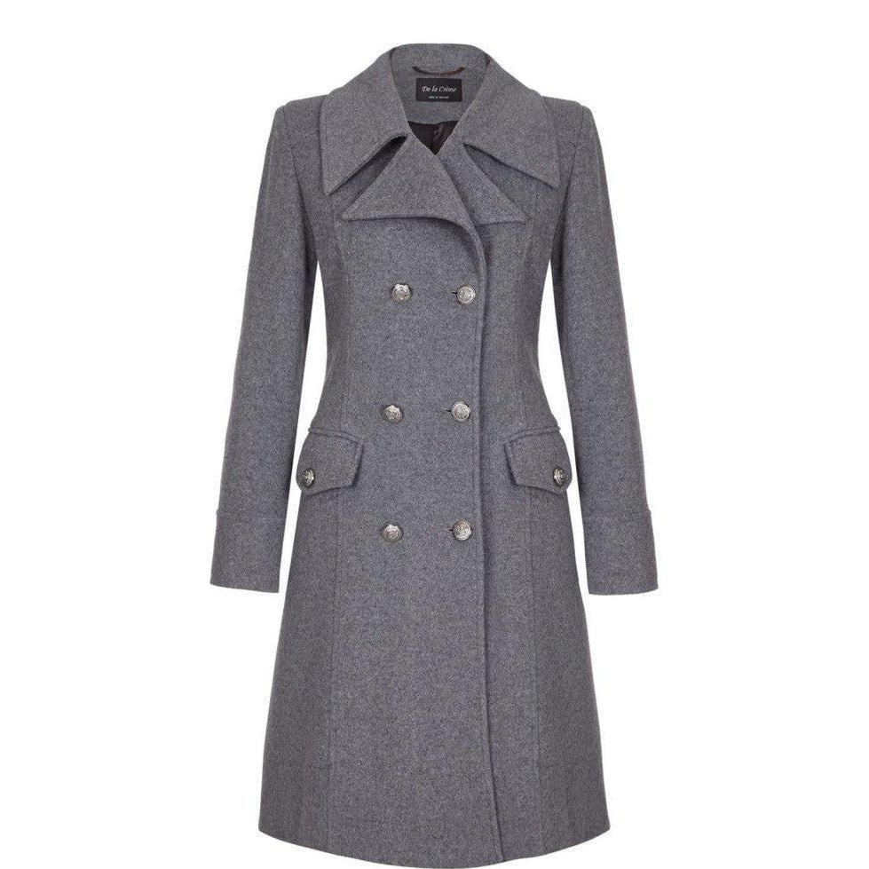 Gray coat with double-breasted buttons on a white background