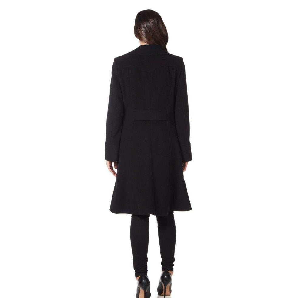Person wearing a black coat from behind on a white background