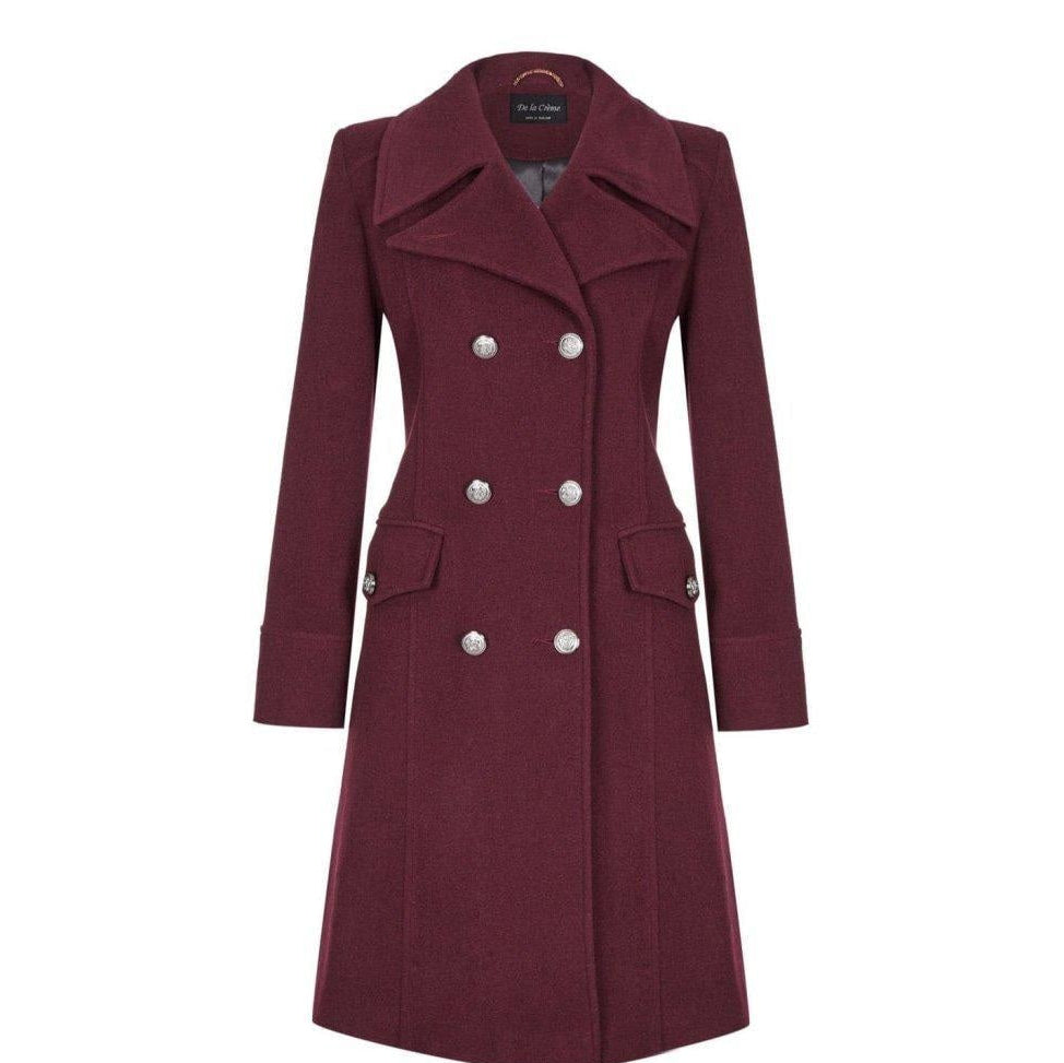 Maroon coat with silver buttons on a white background