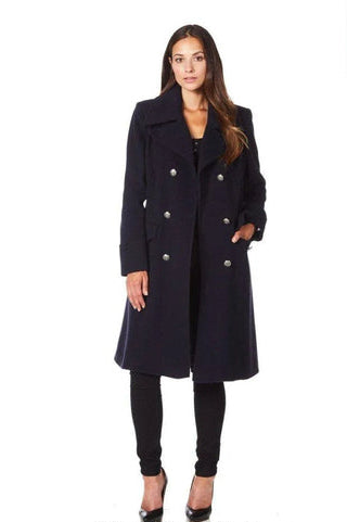 Woman wearing a navy coat
