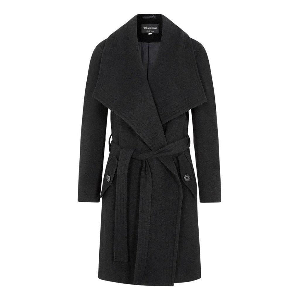 Black coat with a belt on a white background.