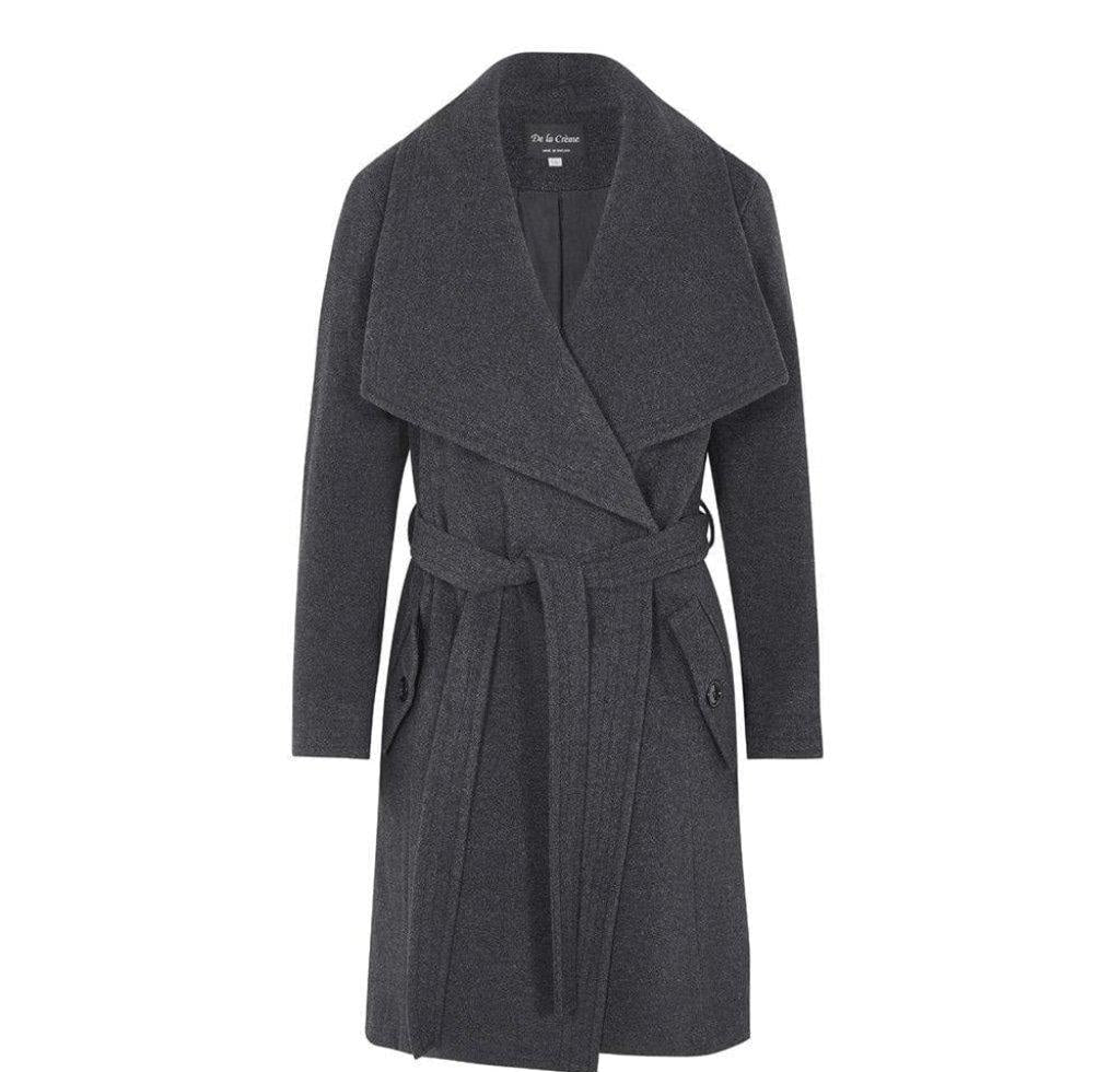 Gray coat with a belt on a white background.