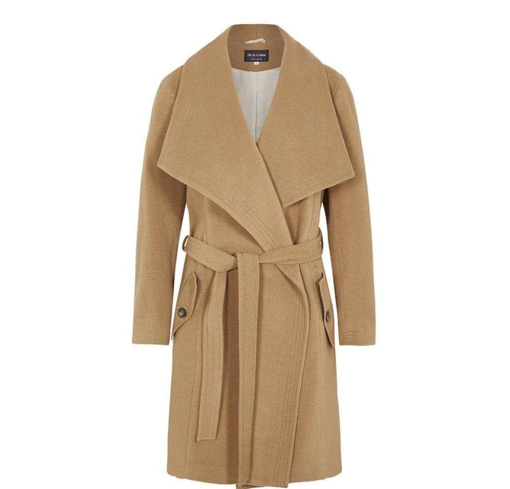 Beige trench coat with a belt on a white background