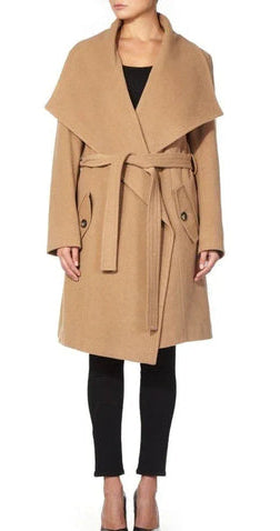 Tan trench coat with a belt on a white background