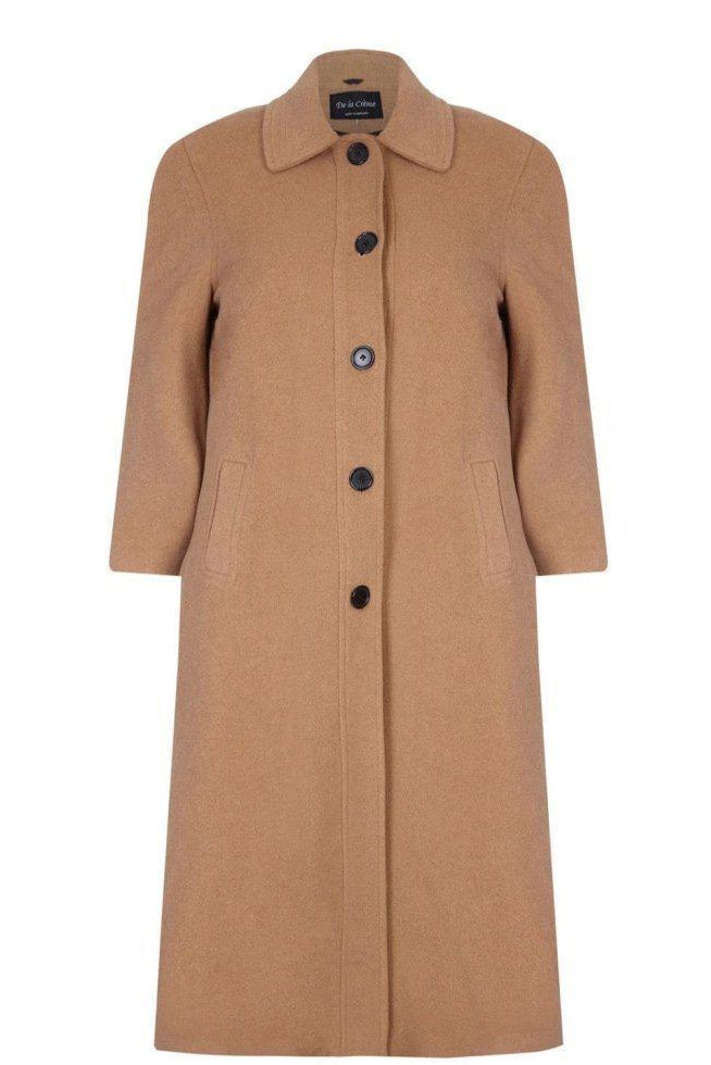 Tan overcoat with black buttons on a white background