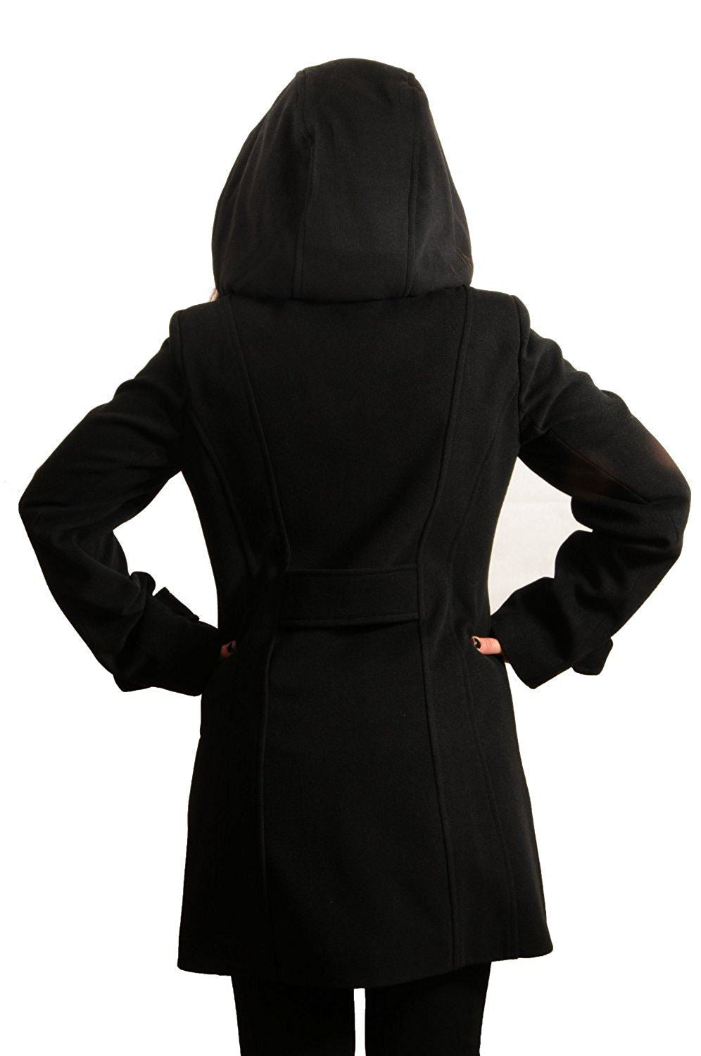 Black coat with hood worn by a person on a white background