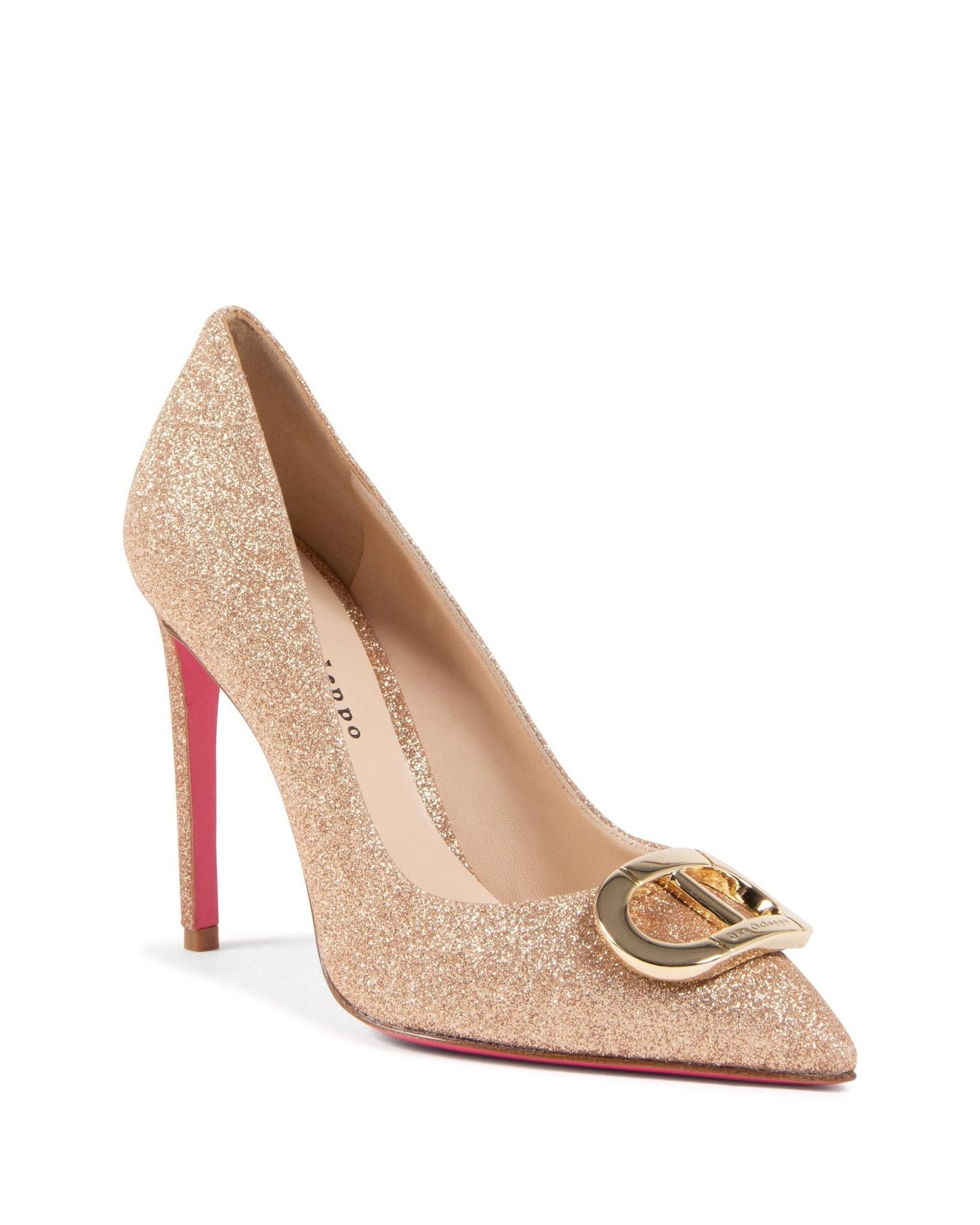 Beige glitter high heel shoe with a gold buckle on a white background
