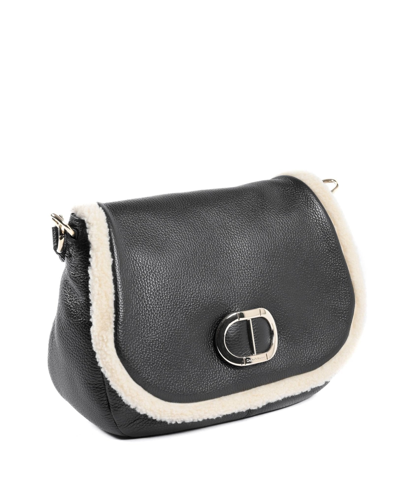 Dee Ocleppo Ontario Black Shoulder Bag - Italian Nappa Leather with Faux - Shearling Trims - Style Queenz