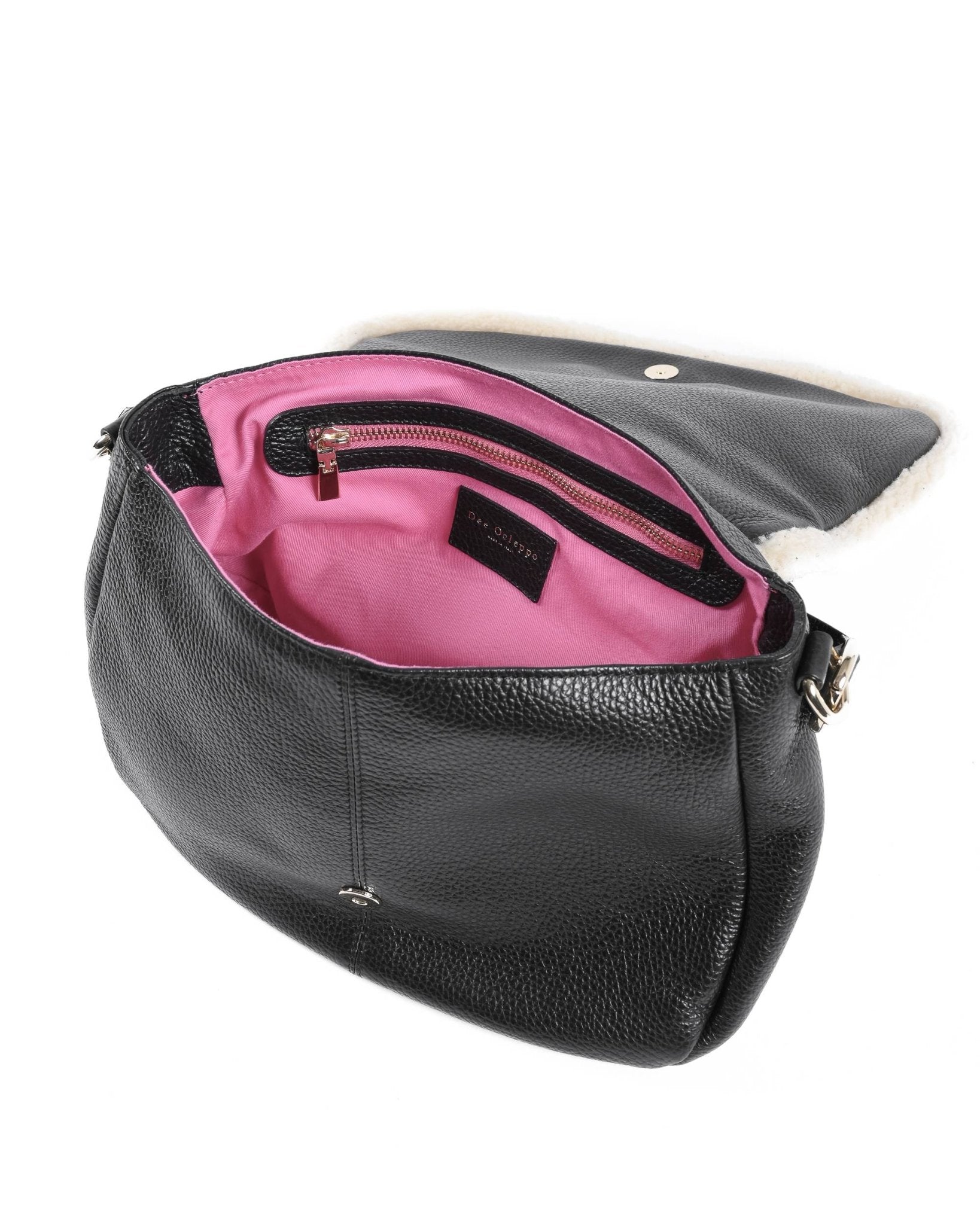 Dee Ocleppo Ontario Black Shoulder Bag - Italian Nappa Leather with Faux - Shearling Trims - Style Queenz