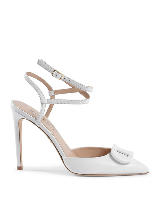 Dee Pandora Pump White Lambskin Leather - Italian Designer Stiletto Heels with Ankle Ties - Style Queenz