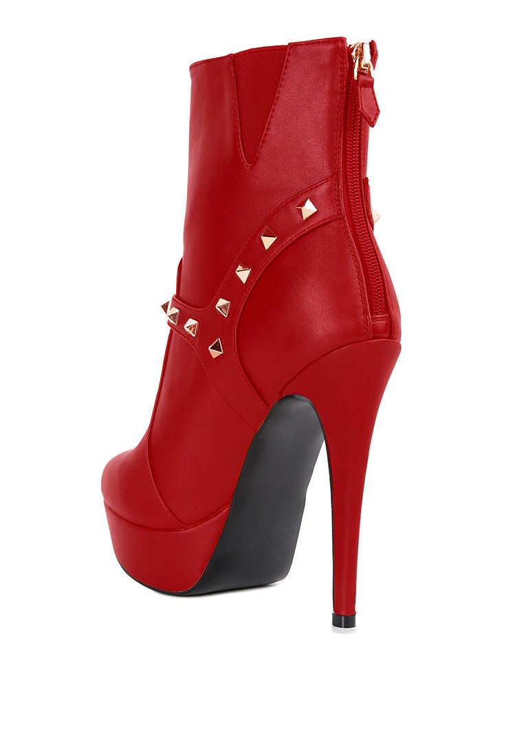 Dejang Metal Stud Ankle Boots - Pointed Toe High Heel with Belt Detail - Style Queenz
