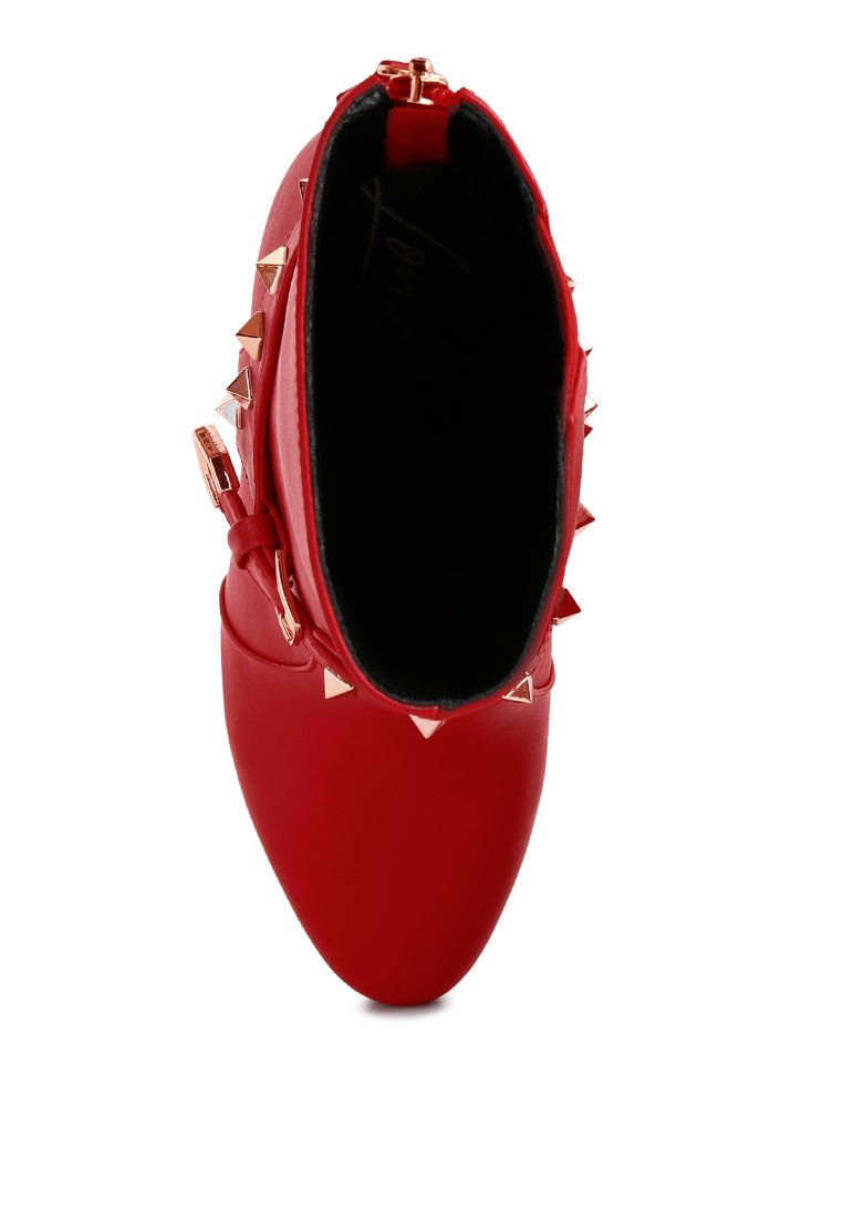 Dejang Metal Stud Ankle Boots - Pointed Toe High Heel with Belt Detail - Style Queenz