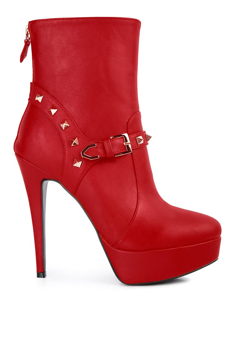 Dejang Metal Stud Ankle Boots - Pointed Toe High Heel with Belt Detail - Style Queenz