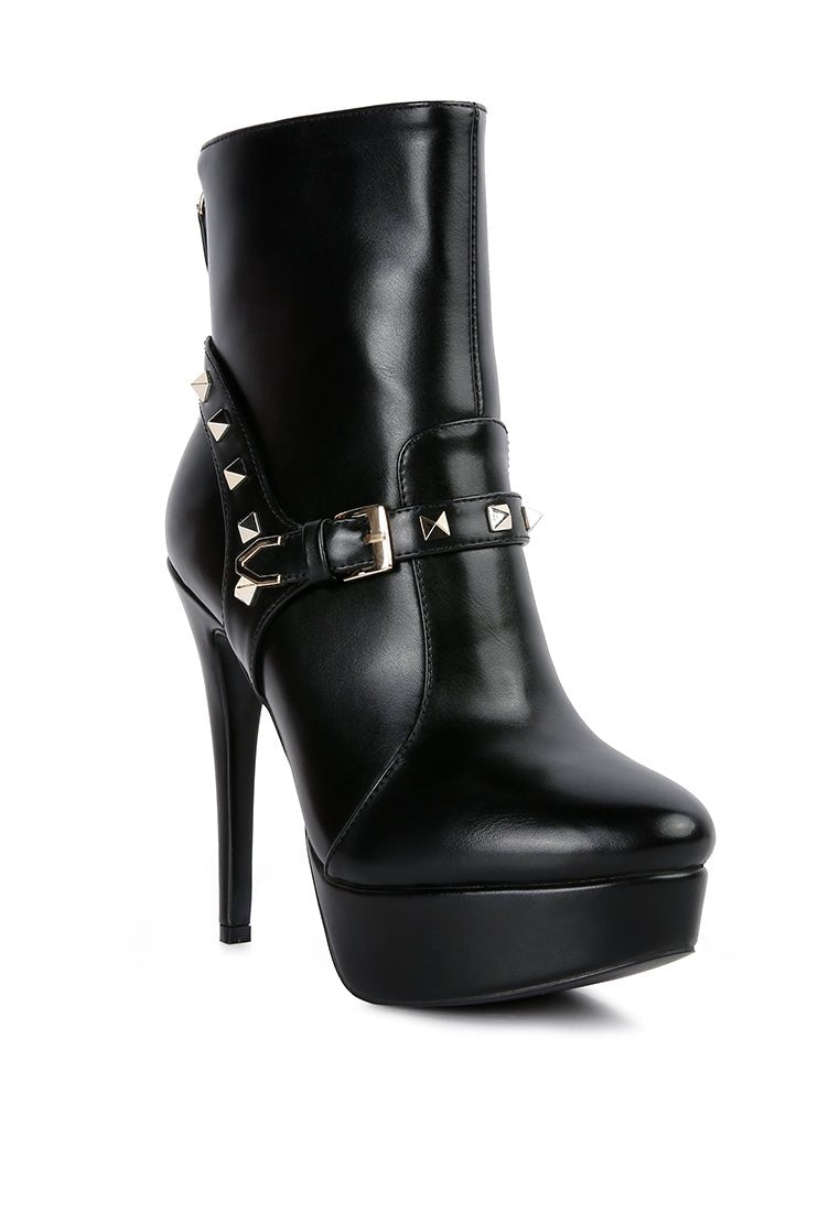 Dejang Metal Stud Ankle Boots - Pointed Toe High Heel with Belt Detail - Style Queenz