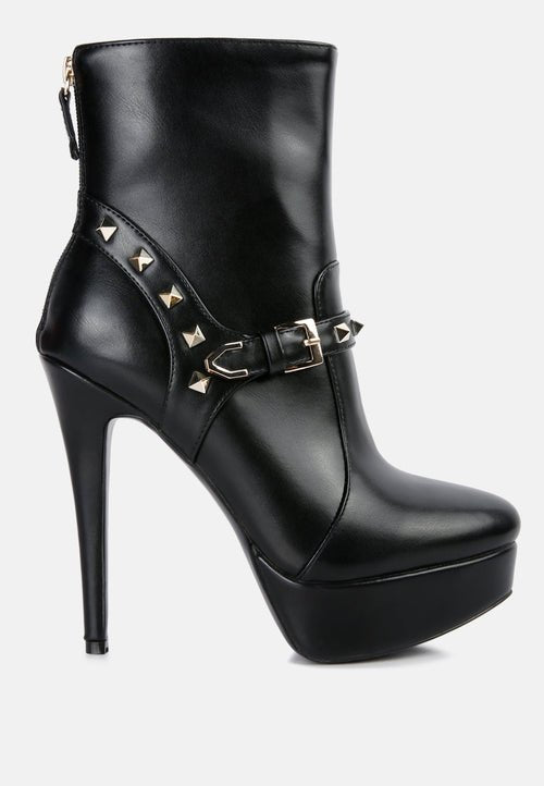 Dejang Metal Stud Ankle Boots - Pointed Toe High Heel with Belt Detail - Style Queenz