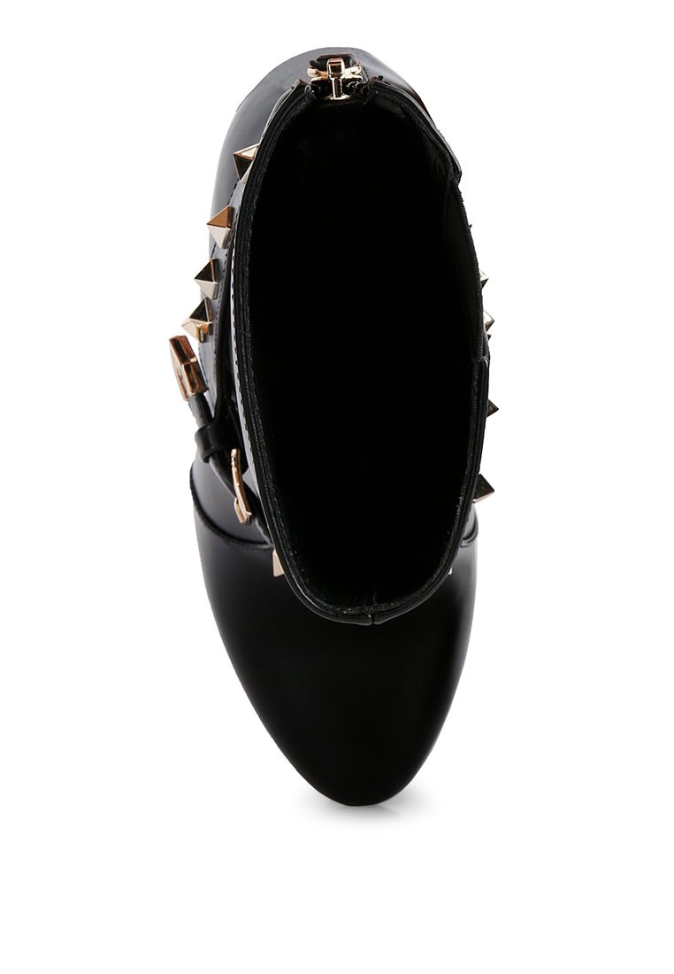 Dejang Metal Stud Ankle Boots - Pointed Toe High Heel with Belt Detail - Style Queenz