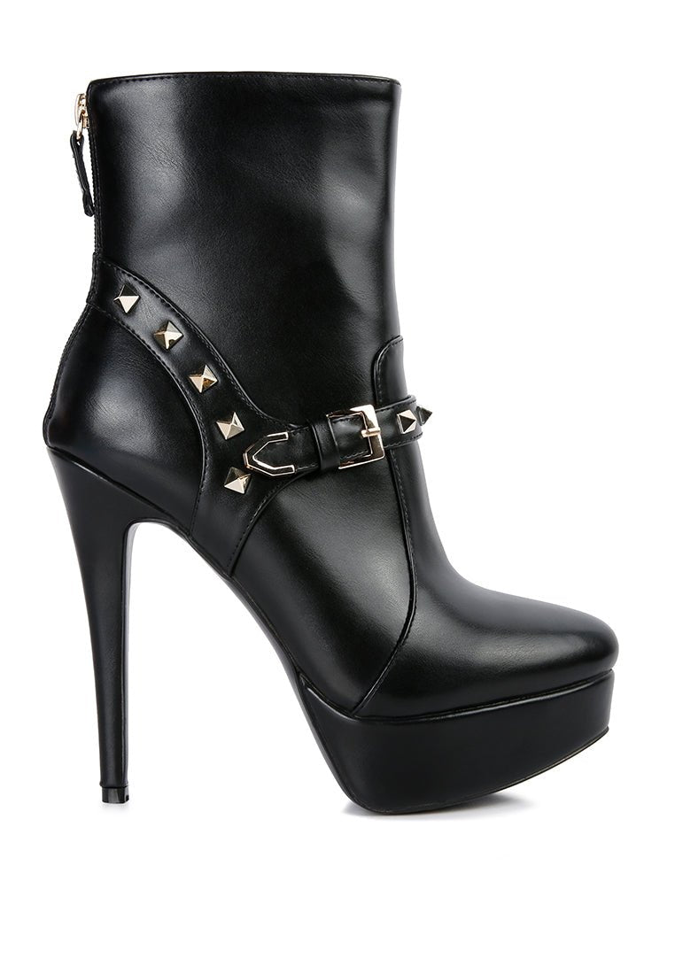 Dejang Metal Stud Ankle Boots - Pointed Toe High Heel with Belt Detail - Style Queenz