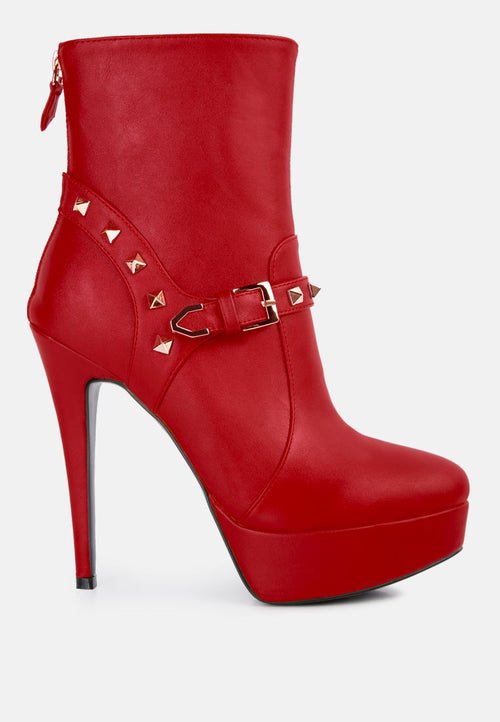 Dejang Metal Stud Ankle Boots - Pointed Toe High Heel with Belt Detail - Style Queenz