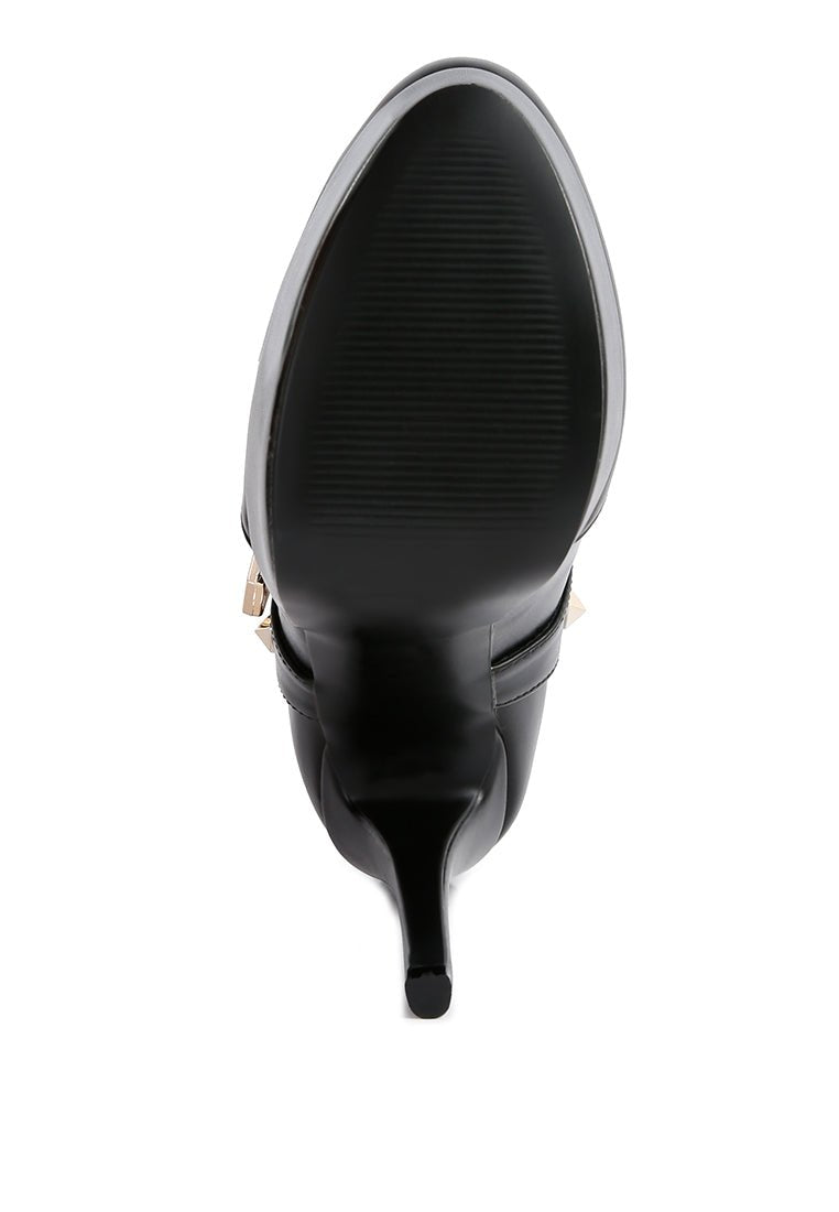 Dejang Metal Stud Ankle Boots - Pointed Toe High Heel with Belt Detail - Style Queenz