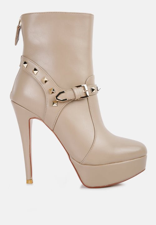 Dejang Metal Stud Ankle Boots - Pointed Toe High Heel with Belt Detail - Style Queenz