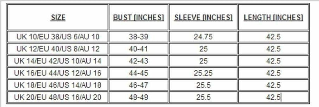 Size chart for clothing with measurements in inches