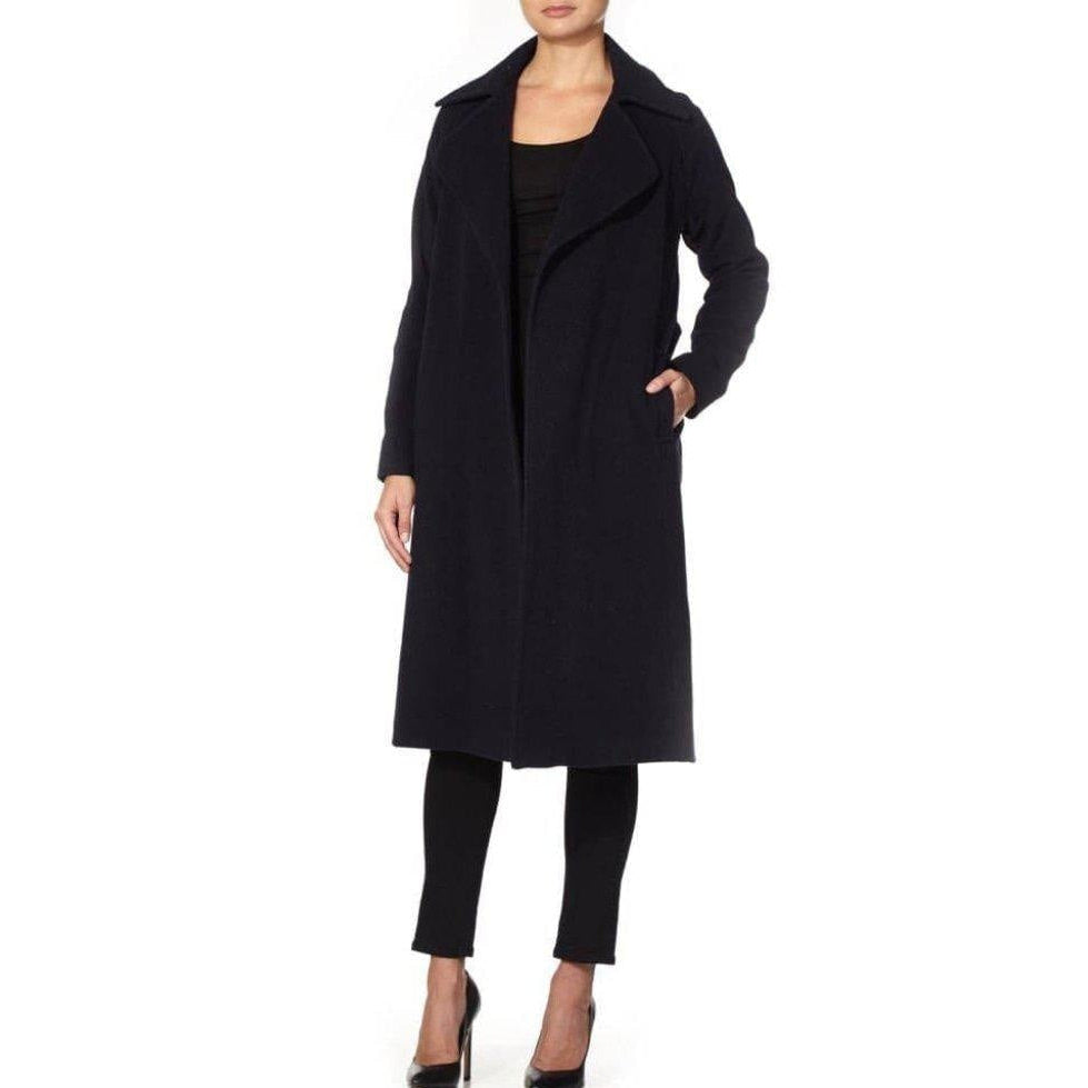 Black coat worn by a model on a white background