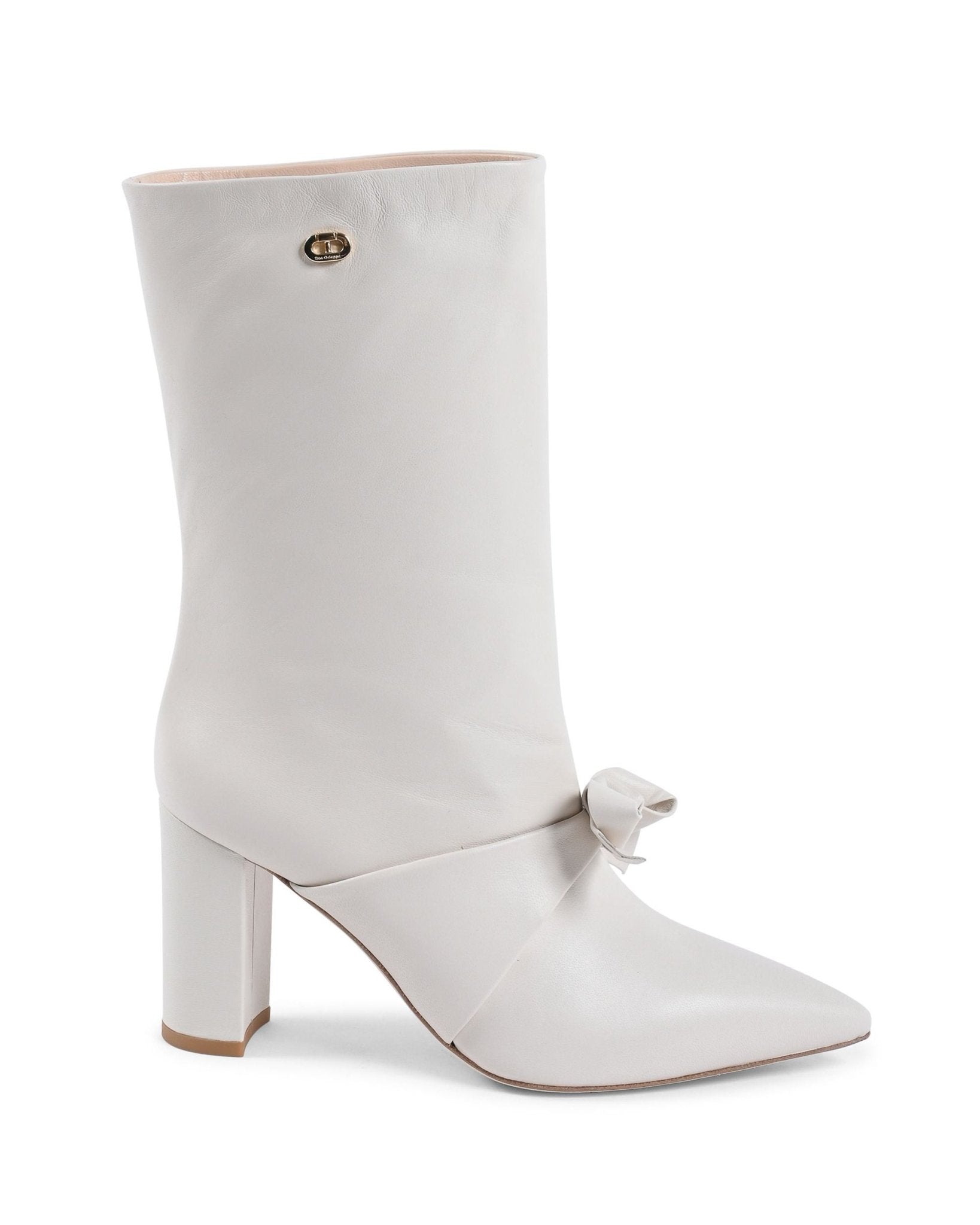 Dominic Boot Off White - Italian Leather Short Boot with Pointed Toe & Bow Detail - Style Queenz