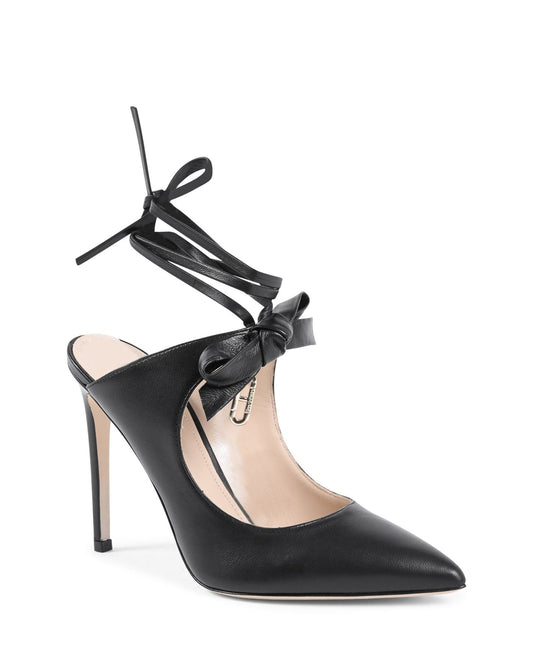 Dominic Mule Black - Italian Leather Pointed Toe Heels with Bow Detail - Style Queenz