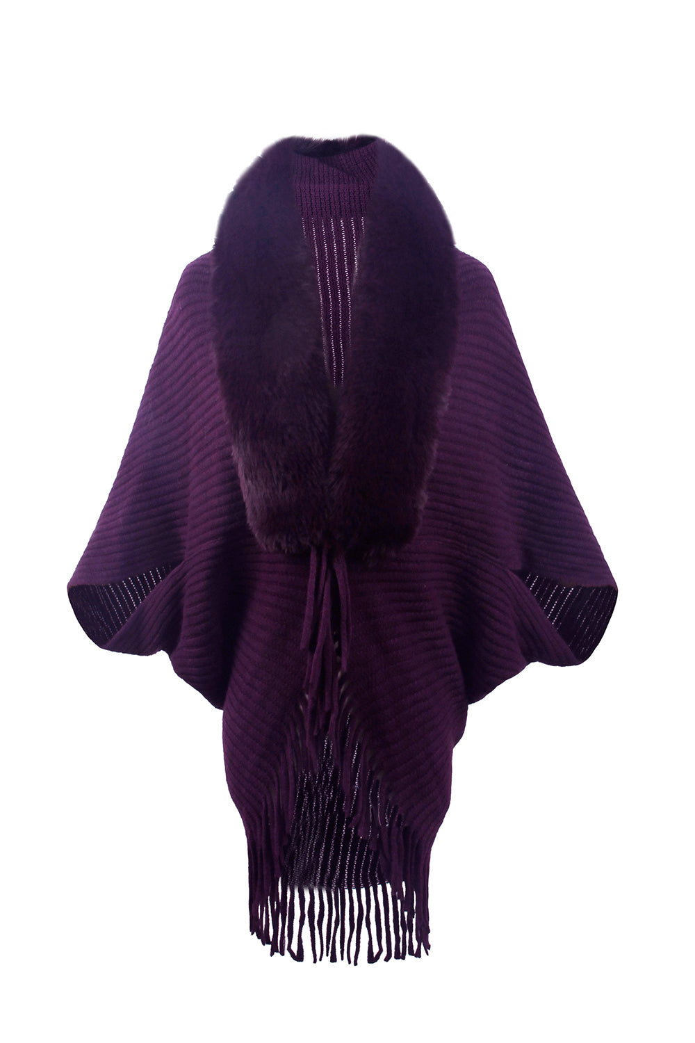 Purple poncho with fur collar and fringes on a white background