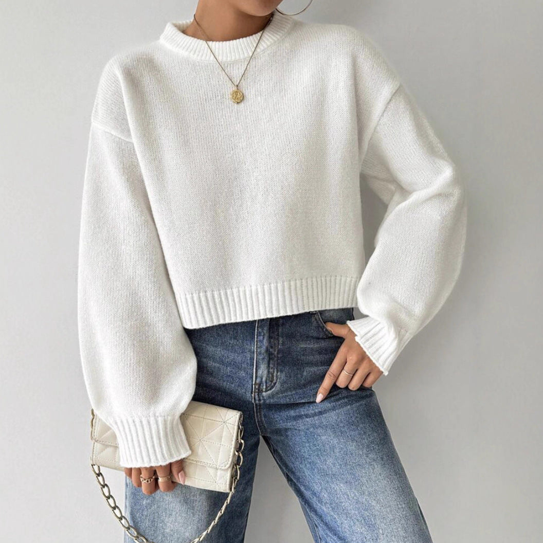 Women's Round Neck Solid Color Knit Sweater