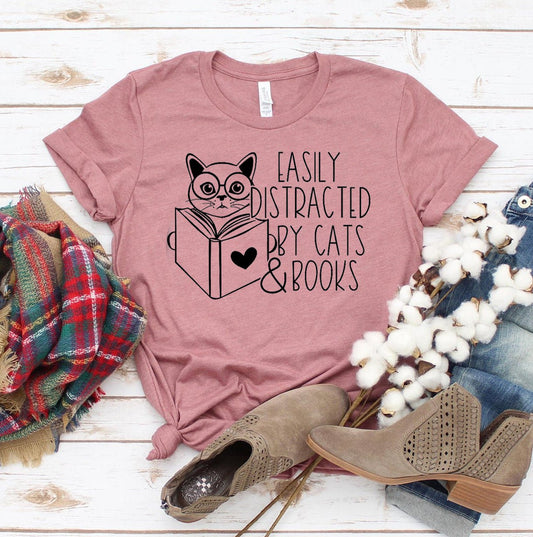 Easily Distracted By Cats & Books T-Shirt - Book Lover Cat Mom Gift - Style Queenz