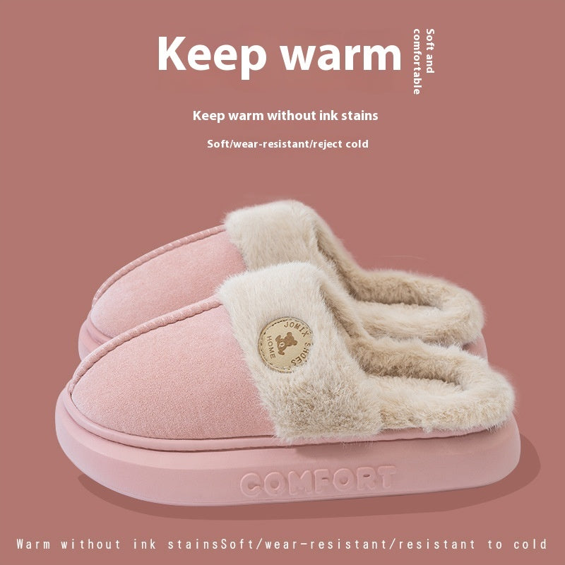 Pink slippers with fluffy interior on a pink background, featuring text about warmth and comfort.
