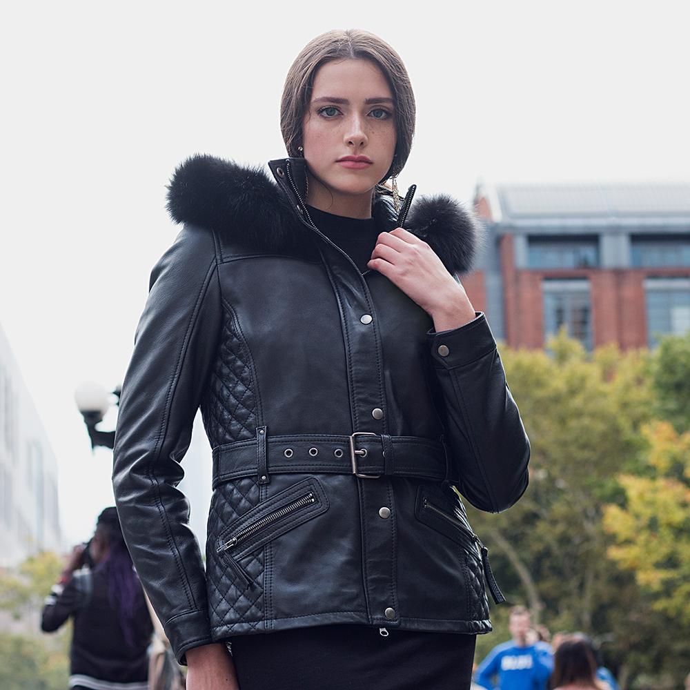 Elle Premium Women's Leather Jacket - Quilted Trench with Fox Fur Collar - Style Queenz