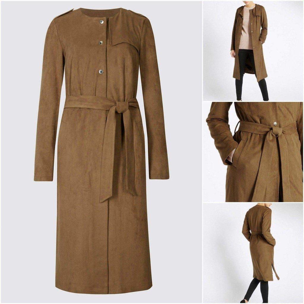 Brown coat with a belt shown from multiple angles on a white background