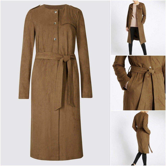 Brown coat with a belt shown from multiple angles on a white background