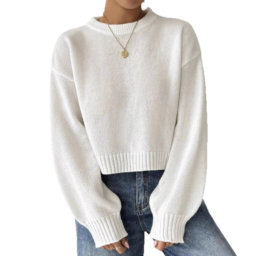 Women's Round Neck Solid Color Knit Sweater