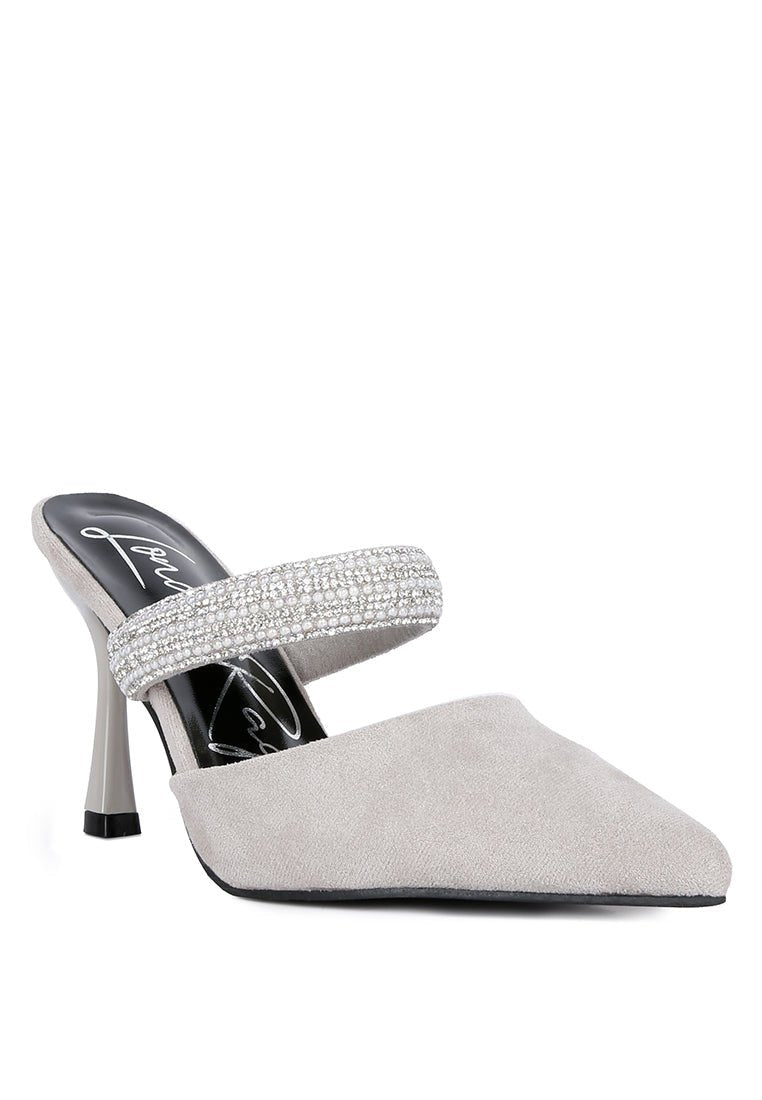 Fauci Diamante Heeled Mules - Pointed Toe Velvet Evening Sandals - Style Queenz