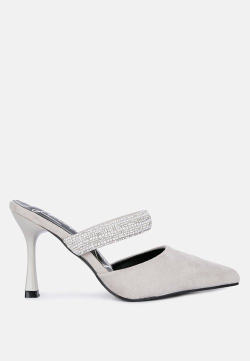 Fauci Diamante Heeled Mules - Pointed Toe Velvet Evening Sandals - Style Queenz