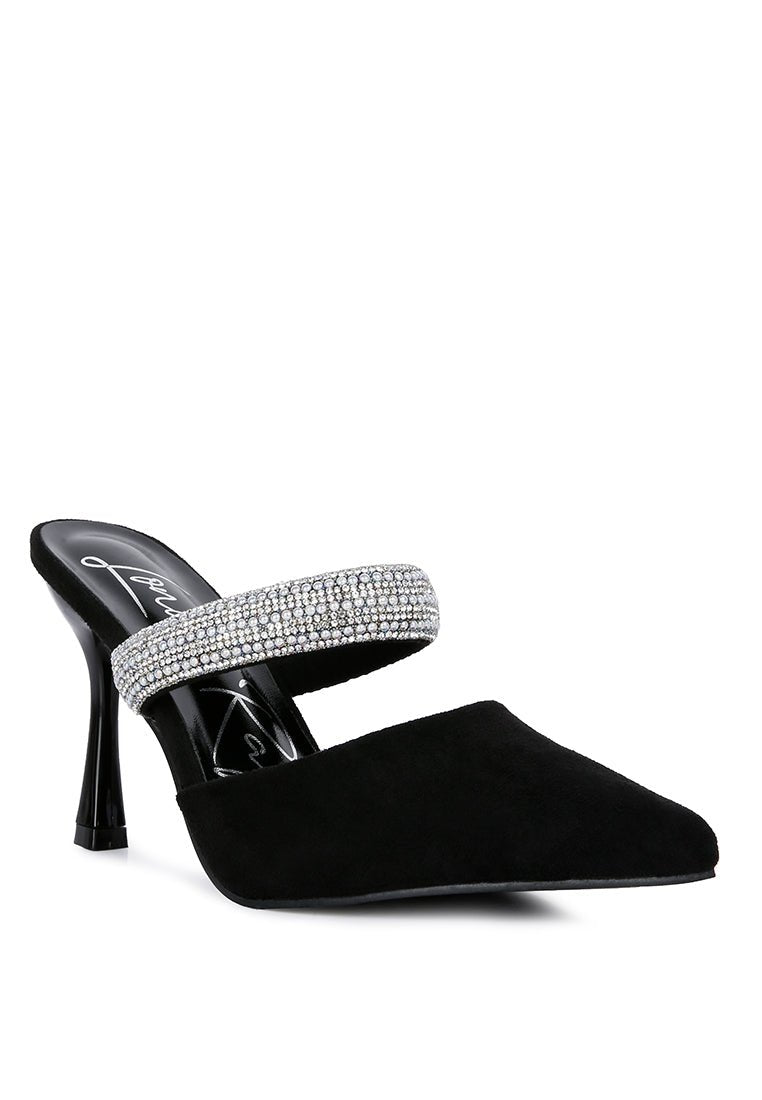Fauci Diamante Heeled Mules - Pointed Toe Velvet Evening Sandals - Style Queenz