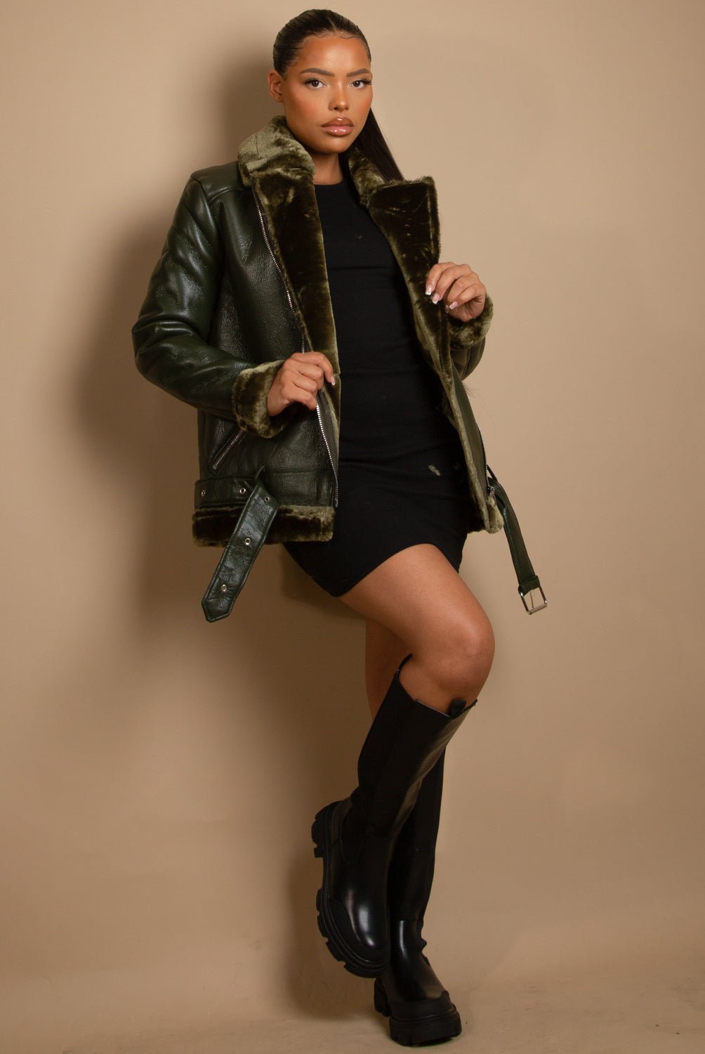 Faux Fur Collar Aviator Jacket - Premium PU Leather Shearling Coat for Women - Style Queenz