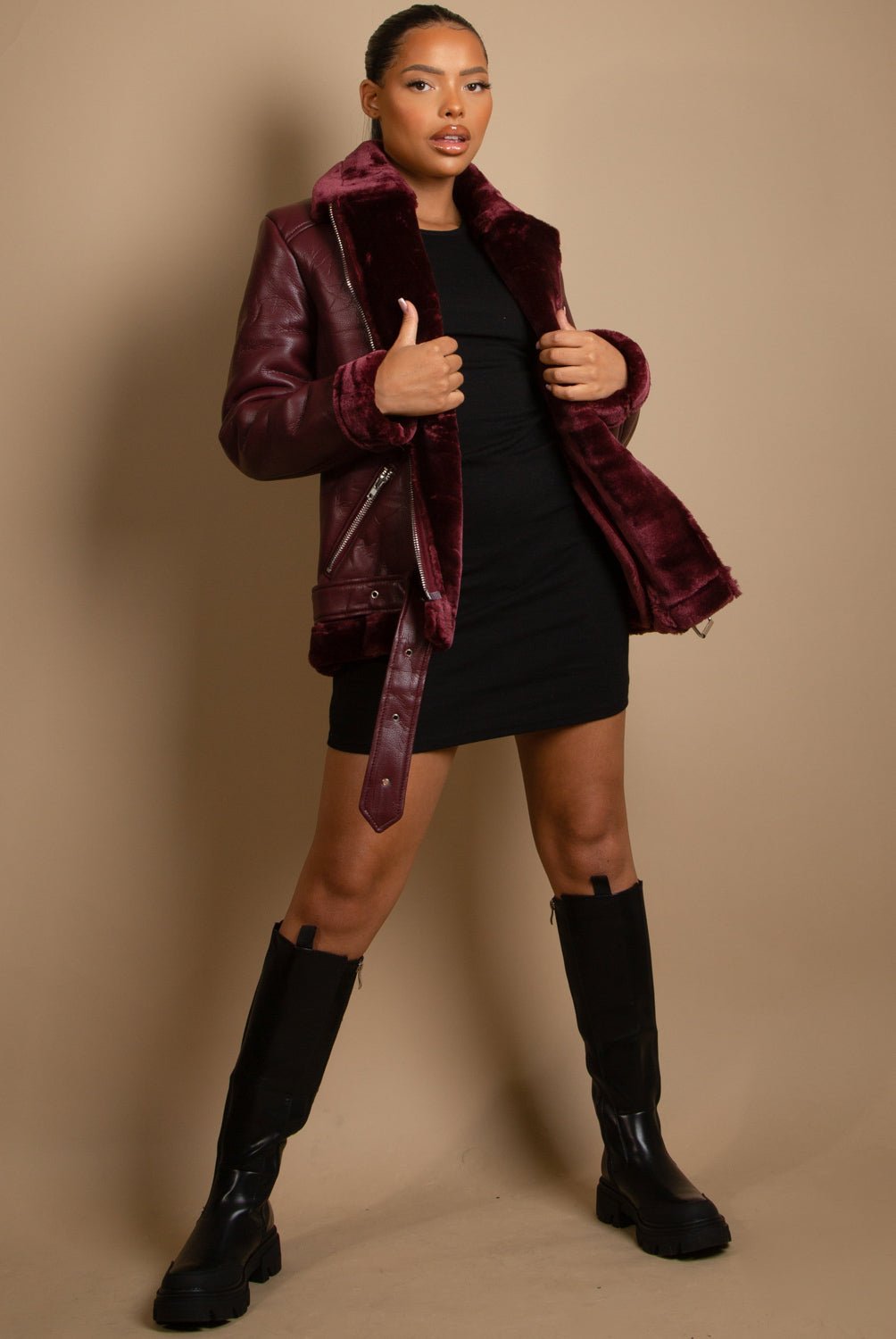 Faux Fur Collar Aviator Jacket - Premium PU Leather Shearling Coat for Women - Style Queenz