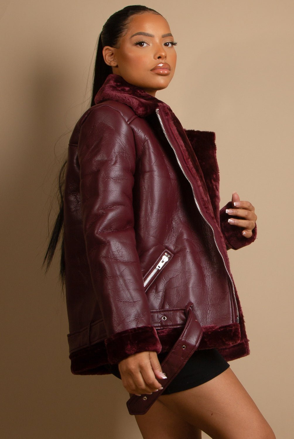 Faux Fur Collar Aviator Jacket - Premium PU Leather Shearling Coat for Women - Style Queenz