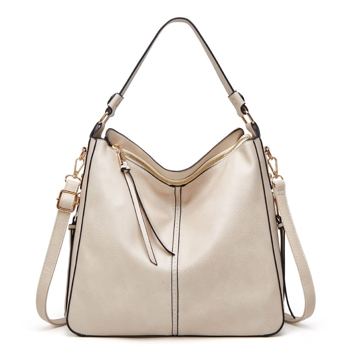Beige handbag with gold accents on a white background