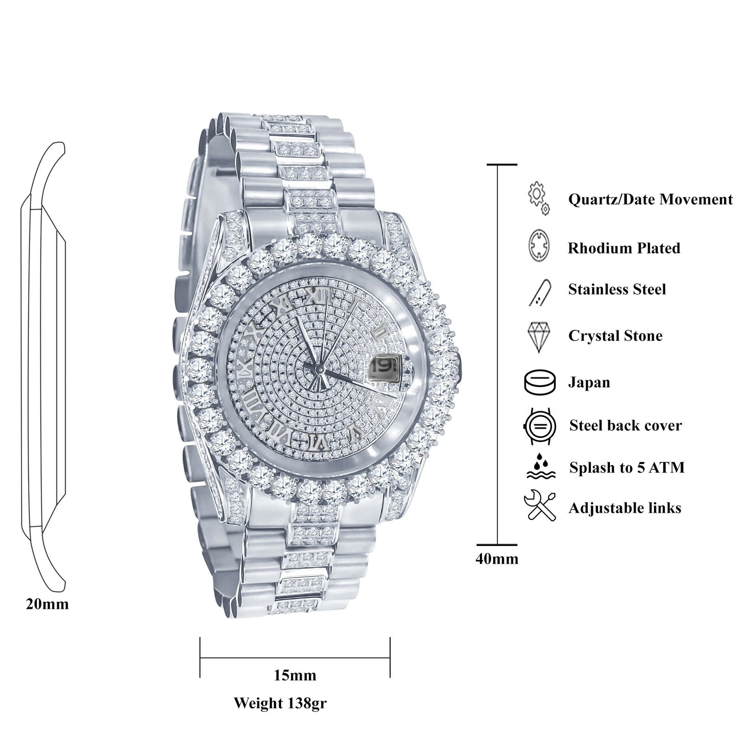 FORTE Steel CZ Watch - Water Resistant Luxury Timepiece | 48mm Miyota Movement - Style Queenz