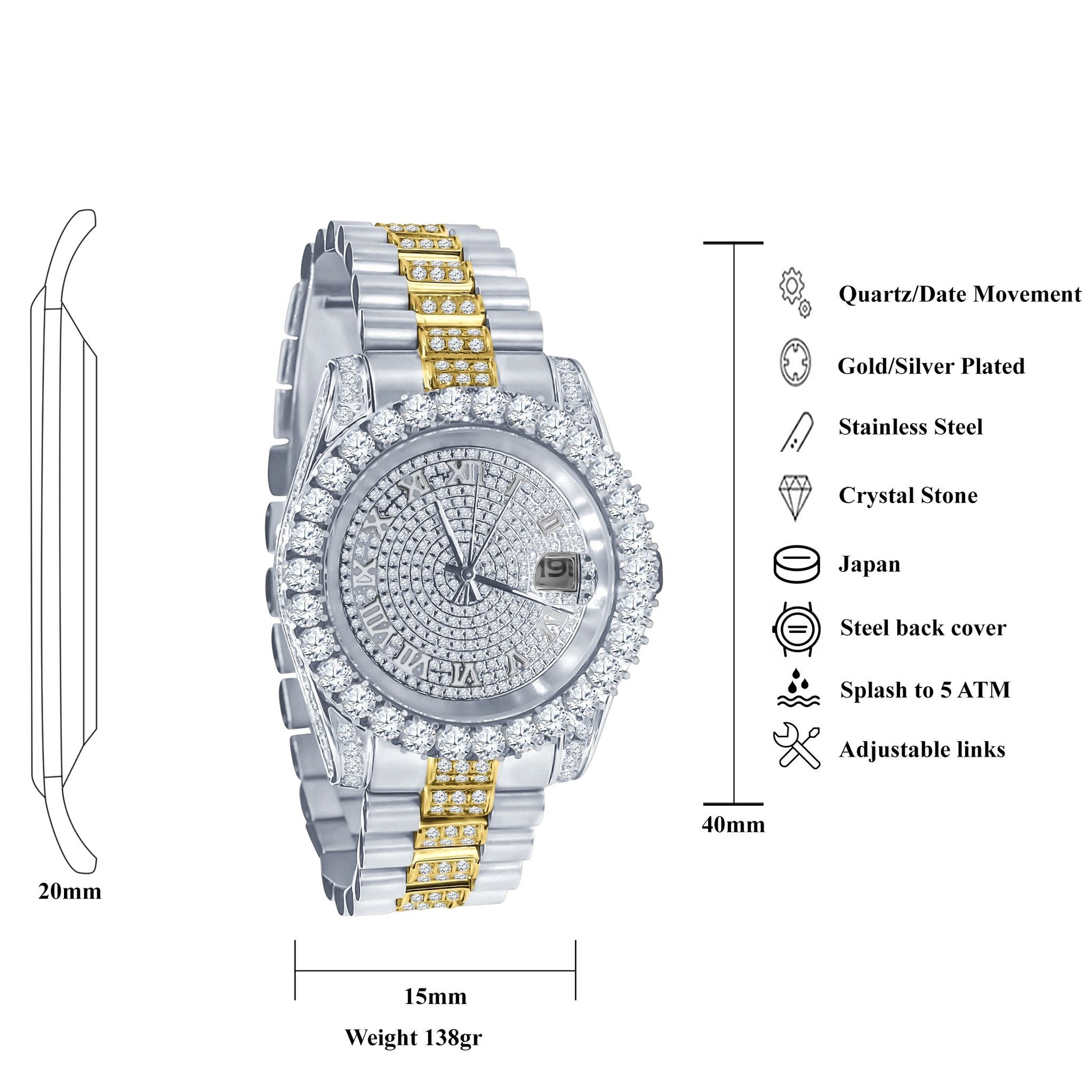 FORTE Steel CZ Watch - Water Resistant Luxury Timepiece | 48mm Miyota Movement - Style Queenz