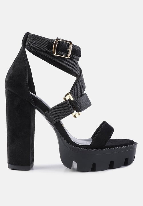 Fresh Daisy Harness Block Heel Sandals - Platform Chunky Heel with Gold Buckles - Style Queenz